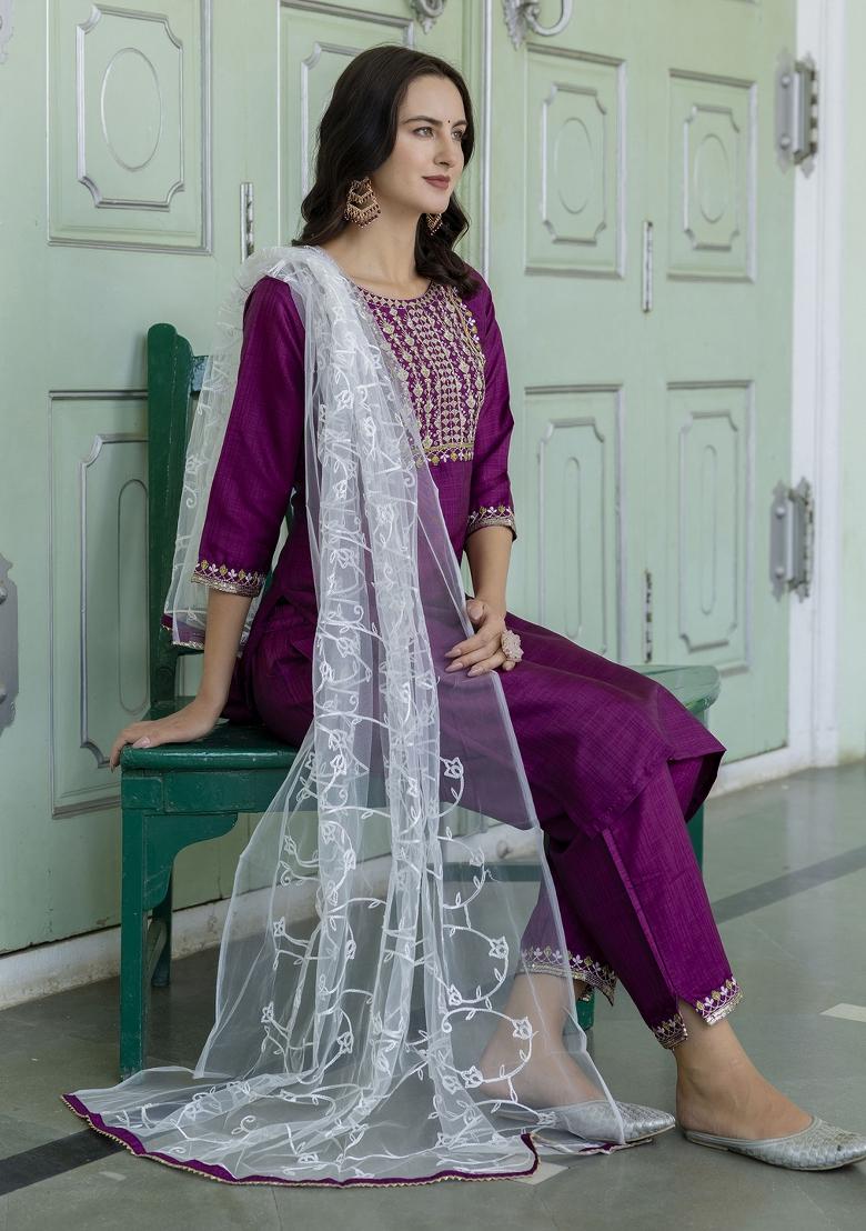 Purple Embroidered Silk Blend Salwar Kameez With Dupatta