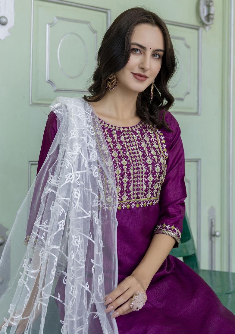 Purple Embroidered Silk Blend Salwar Kameez With Dupatta