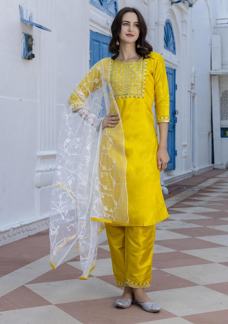 Yellow Embroidered Silk Blend Salwar Kameez With Dupatta