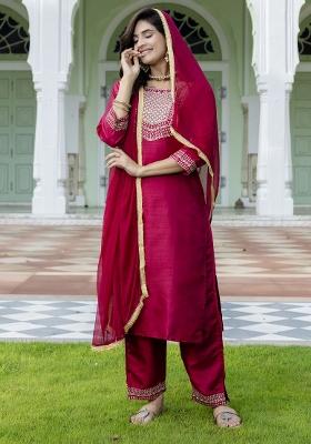 Cherry Red Embroidered Cotton Blend Salwar Kameez With Dupatta