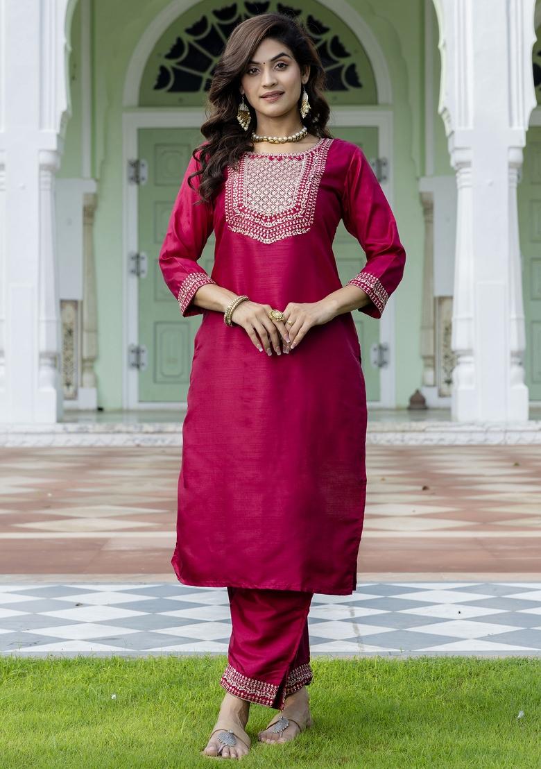 Cherry Red Embroidered Cotton Blend Salwar Kameez With Dupatta