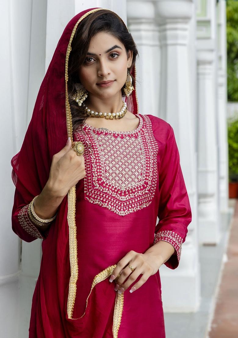 Cherry Red Embroidered Cotton Blend Salwar Kameez With Dupatta