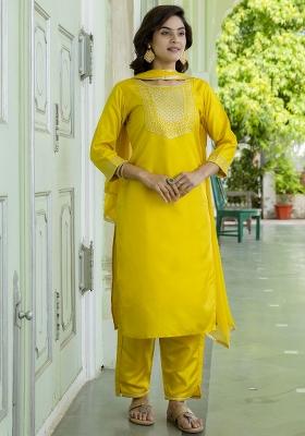Yellow Embroidered Cotton Blend Salwar Kameez With Dupatta