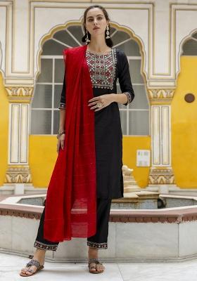 Black Embroidered Silk Blend Salwar Kameez With Dupatta