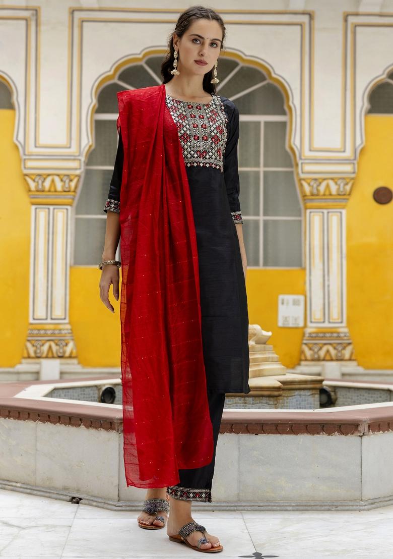 Black Embroidered Silk Blend Salwar Kameez With Dupatta