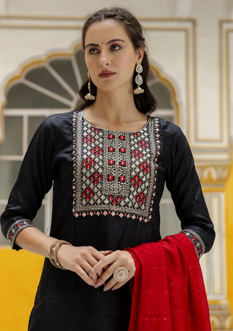 Black Embroidered Silk Blend Salwar Kameez With Dupatta