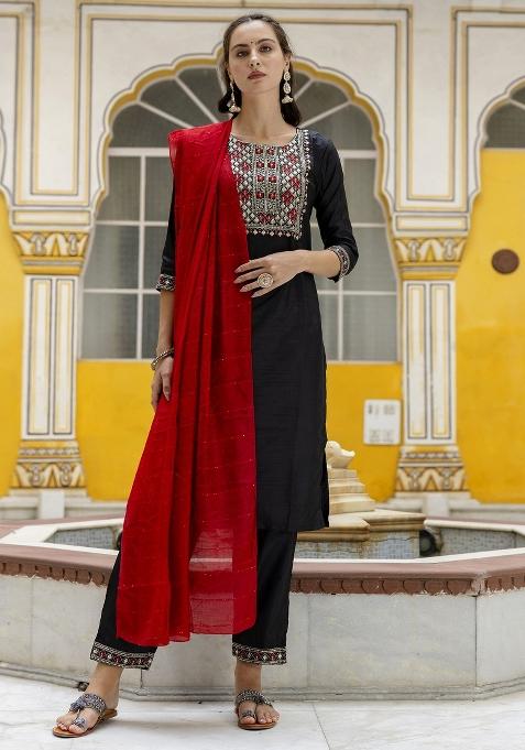Black Embroidered Silk Blend Salwar Kameez With Dupatta
