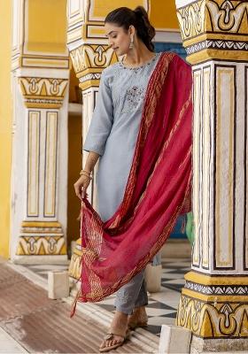 Sky Blue Embroidered Silk Blend Salwar Kameez With Dupatta
