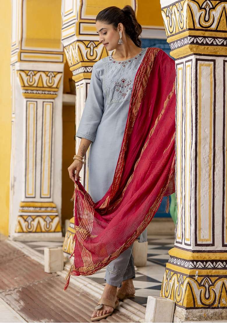 Sky Blue Embroidered Silk Blend Straight Kurta Set - Indya