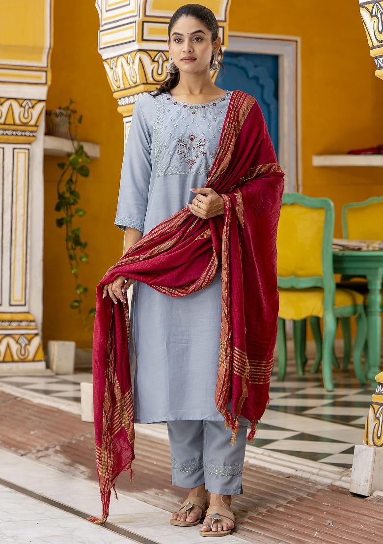 Sky Blue Embroidered Silk Blend Salwar Kameez With Dupatta