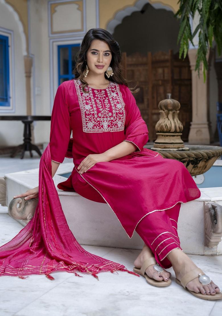 Red Embroidered Chinon Salwar Kameez With Dupatta