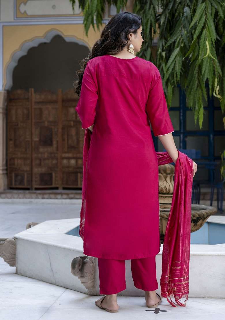 Red Embroidered Chinon Straight Kurta Set - Indya
