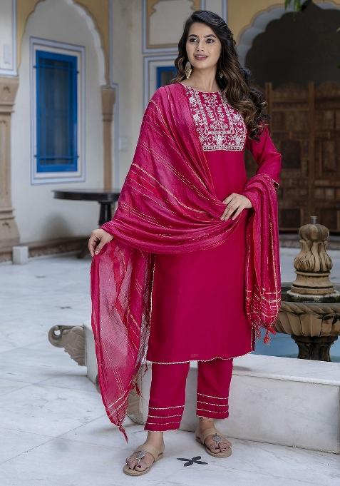 Red Embroidered Chinon Salwar Kameez With Dupatta