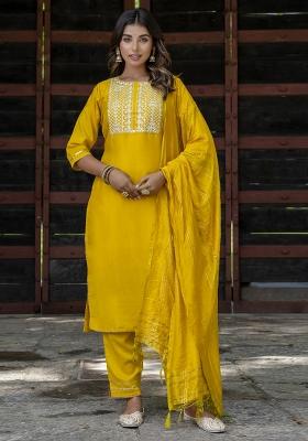Yellow Embroidered Chinon Salwar Kameez With Dupatta