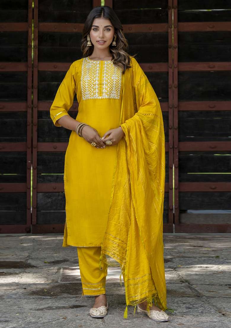 Yellow Embroidered Chinon Straight Kurta Set - Indya