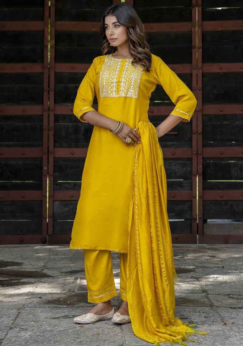 Yellow Embroidered Chinon Salwar Kameez With Dupatta