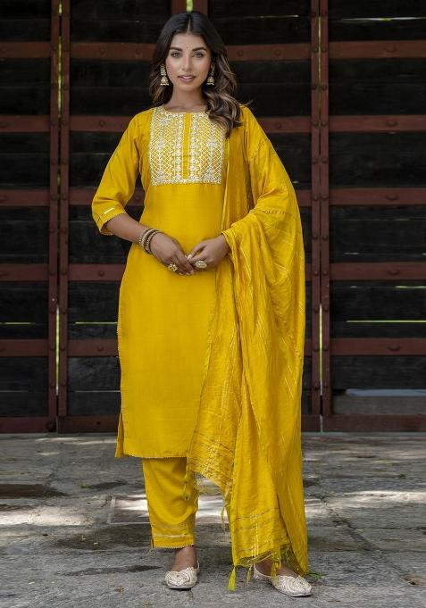 Yellow Embroidered Chinon Salwar Kameez With Dupatta