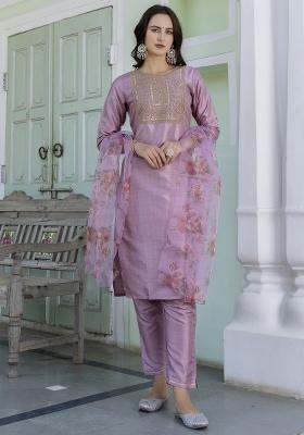 Baby Pink Embroidered Silk Blend Salwar Kameez With Dupatta