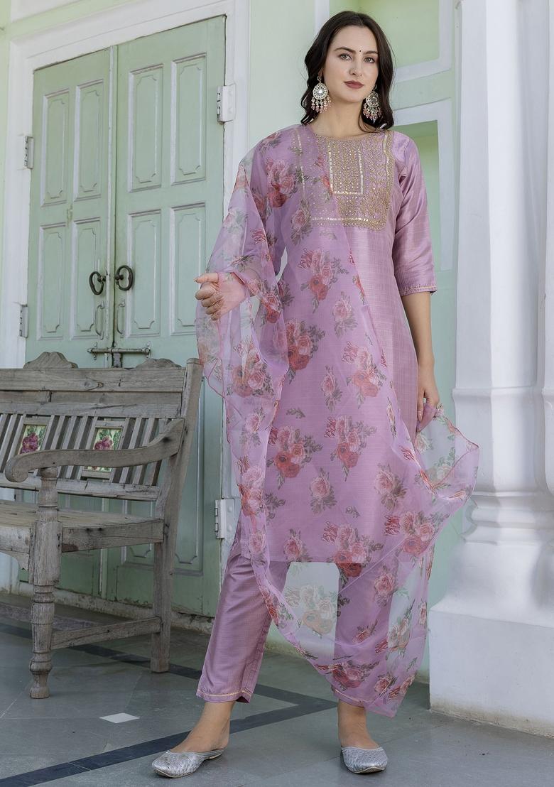Baby Pink Embroidered Silk Blend Salwar Kameez With Dupatta