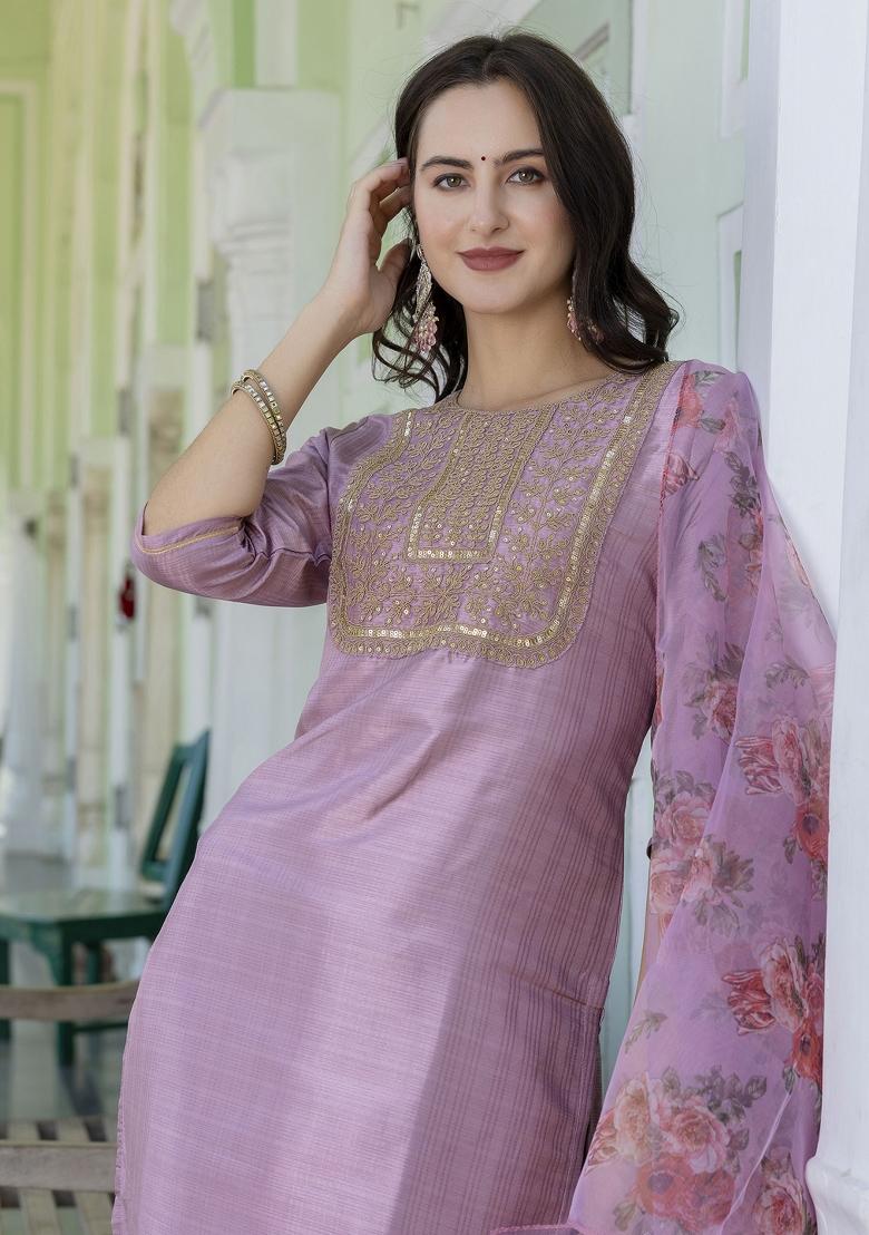 Baby Pink Embroidered Silk Blend Salwar Kameez With Dupatta