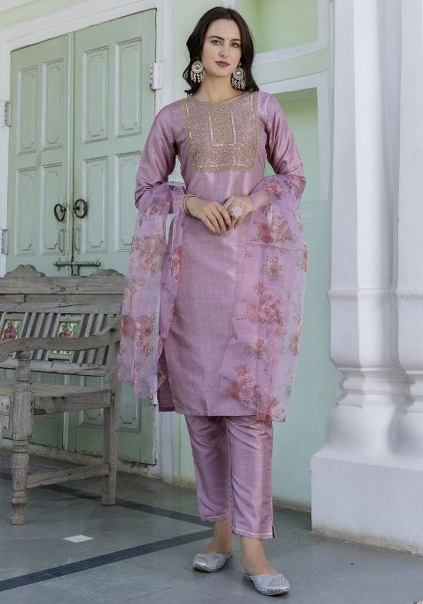 Baby Pink Embroidered Silk Blend Salwar Kameez With Dupatta