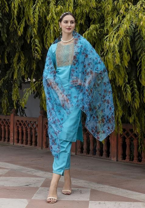 Firoji Embroidered Silk Blend Salwar Kameez With Dupatta