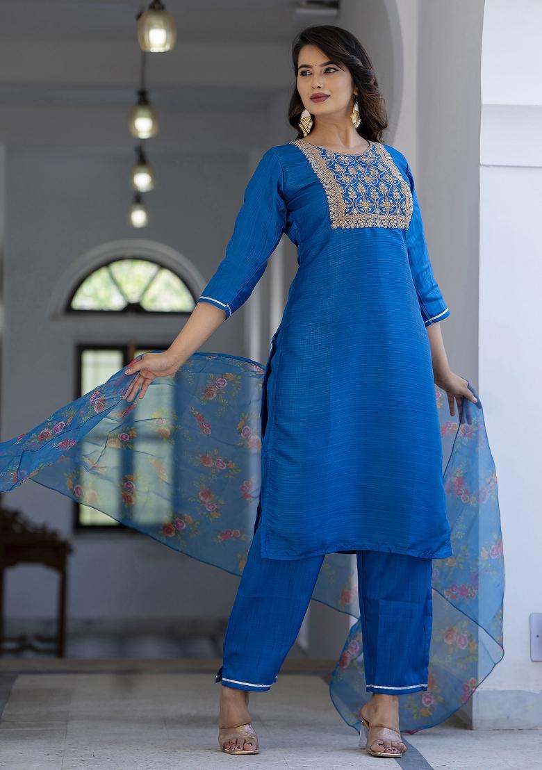 Teal Embroidered Silk Blend Salwar Kameez With Dupatta