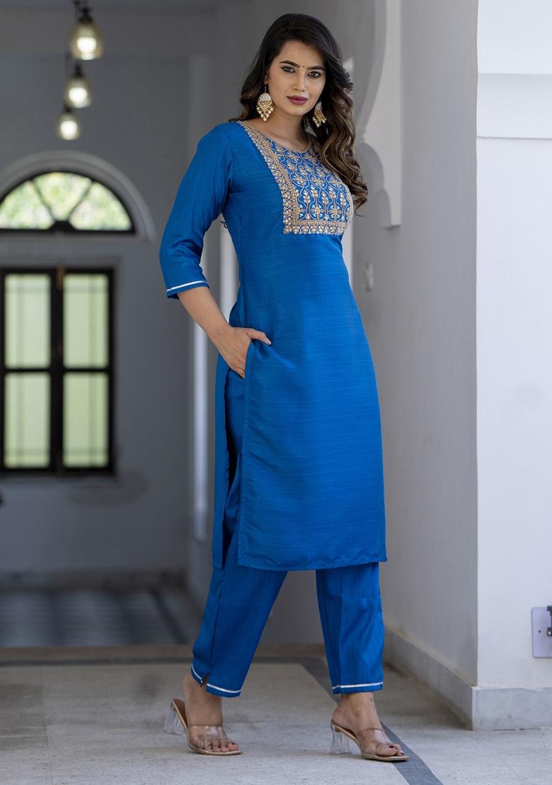 Teal Embroidered Silk Blend Salwar Kameez With Dupatta
