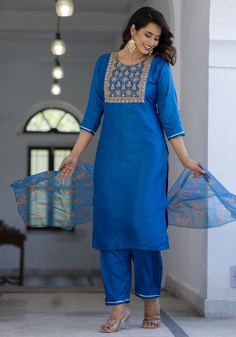 Teal Embroidered Silk Blend Salwar Kameez With Dupatta