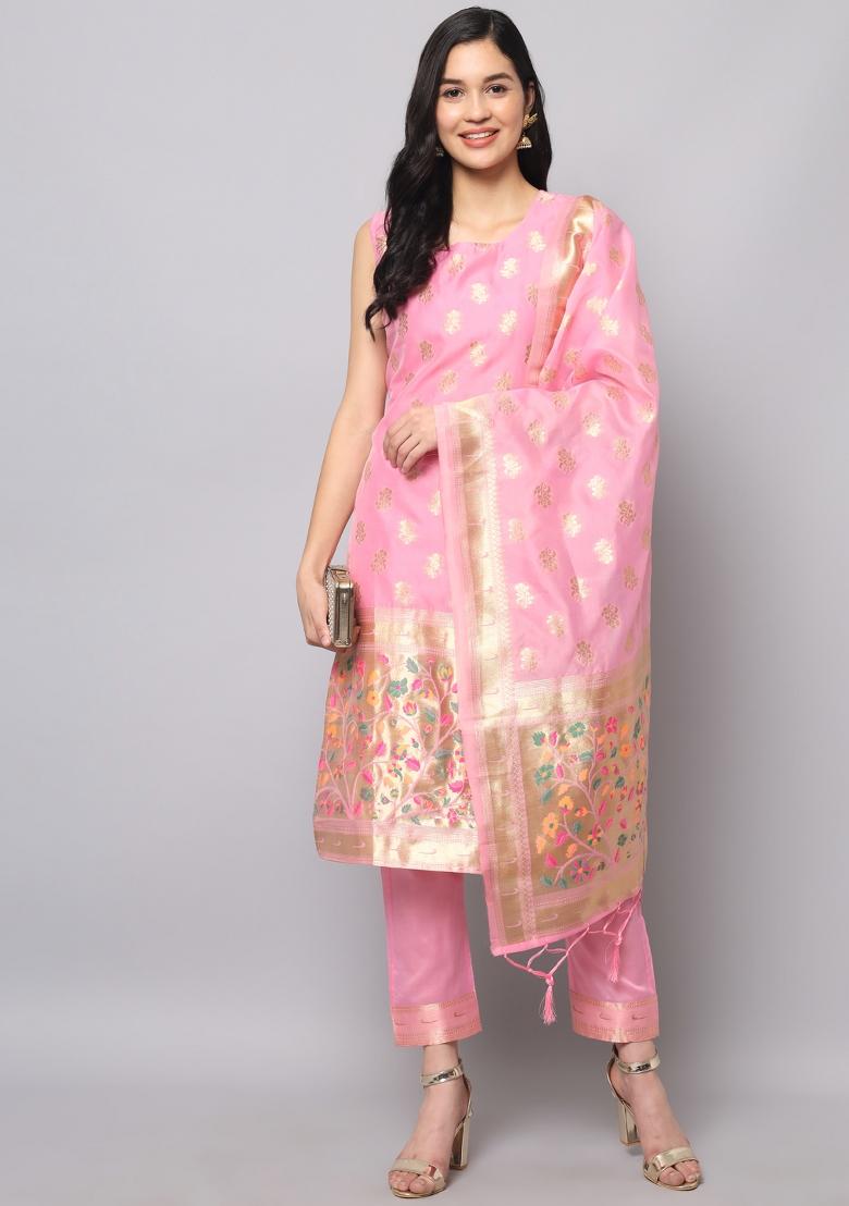 Pink Woven Cotton Blend Salwar Kameez With Dupatta