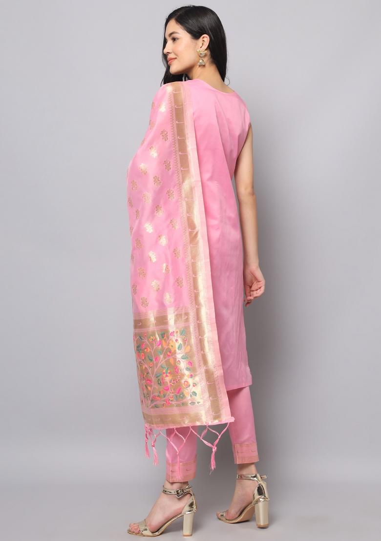 Pink Woven Cotton Blend Salwar Kameez With Dupatta