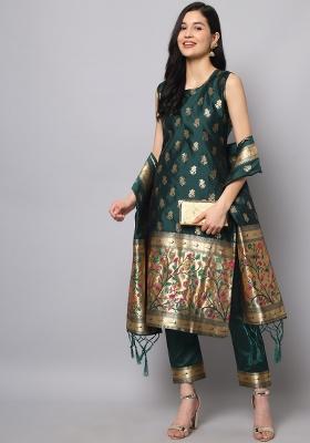 Green Woven Cotton Blend Salwar Kameez With Dupatta