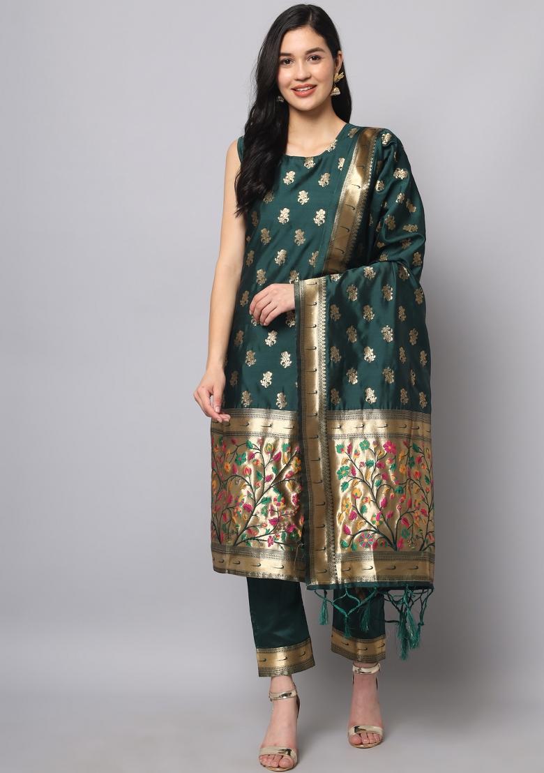 Green Woven Cotton Blend Salwar Kameez With Dupatta