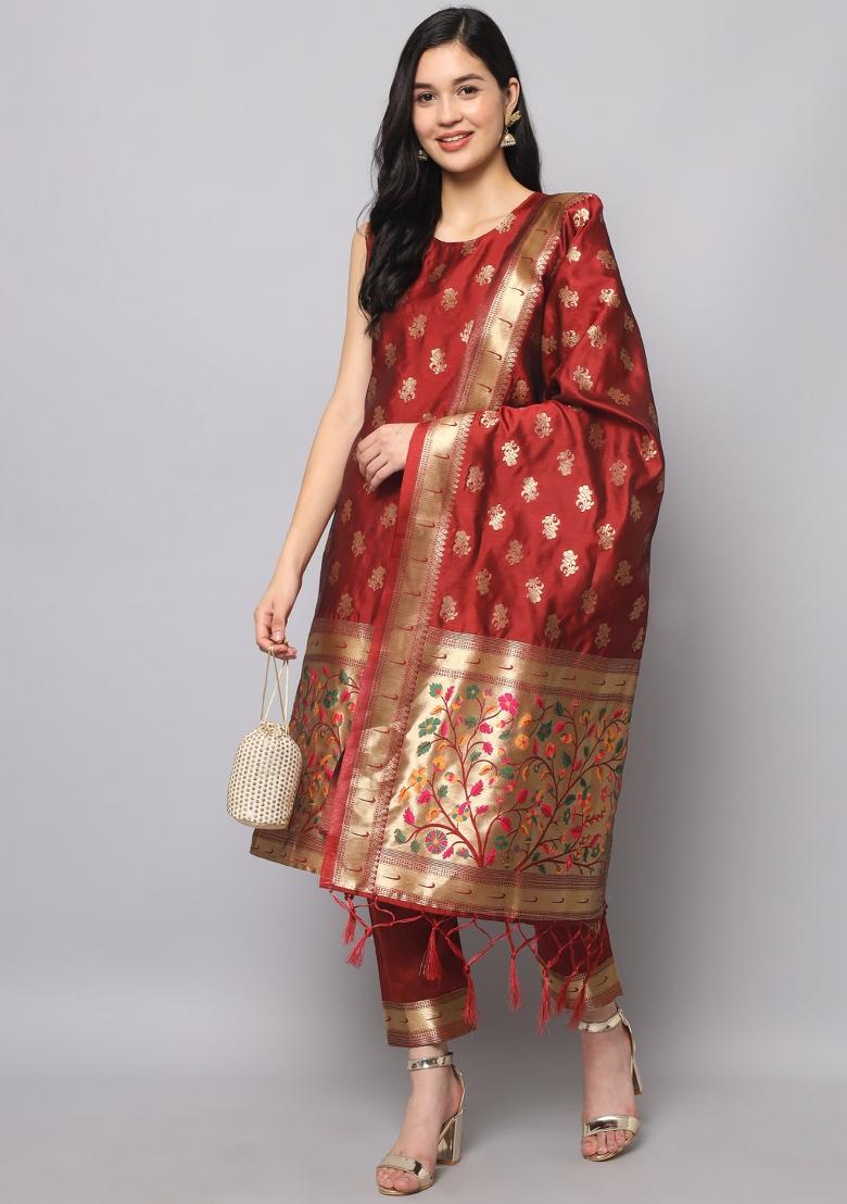 Maroon Woven Cotton Blend Salwar Kameez With Dupatta