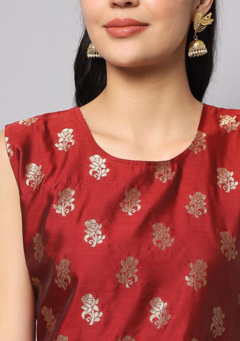 Maroon Woven Cotton Blend Salwar Kameez With Dupatta