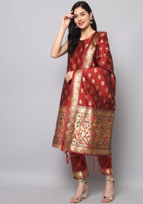 Maroon Woven Cotton Blend Salwar Kameez With Dupatta