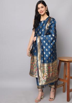 Blue Woven Cotton Blend Salwar Kameez With Dupatta
