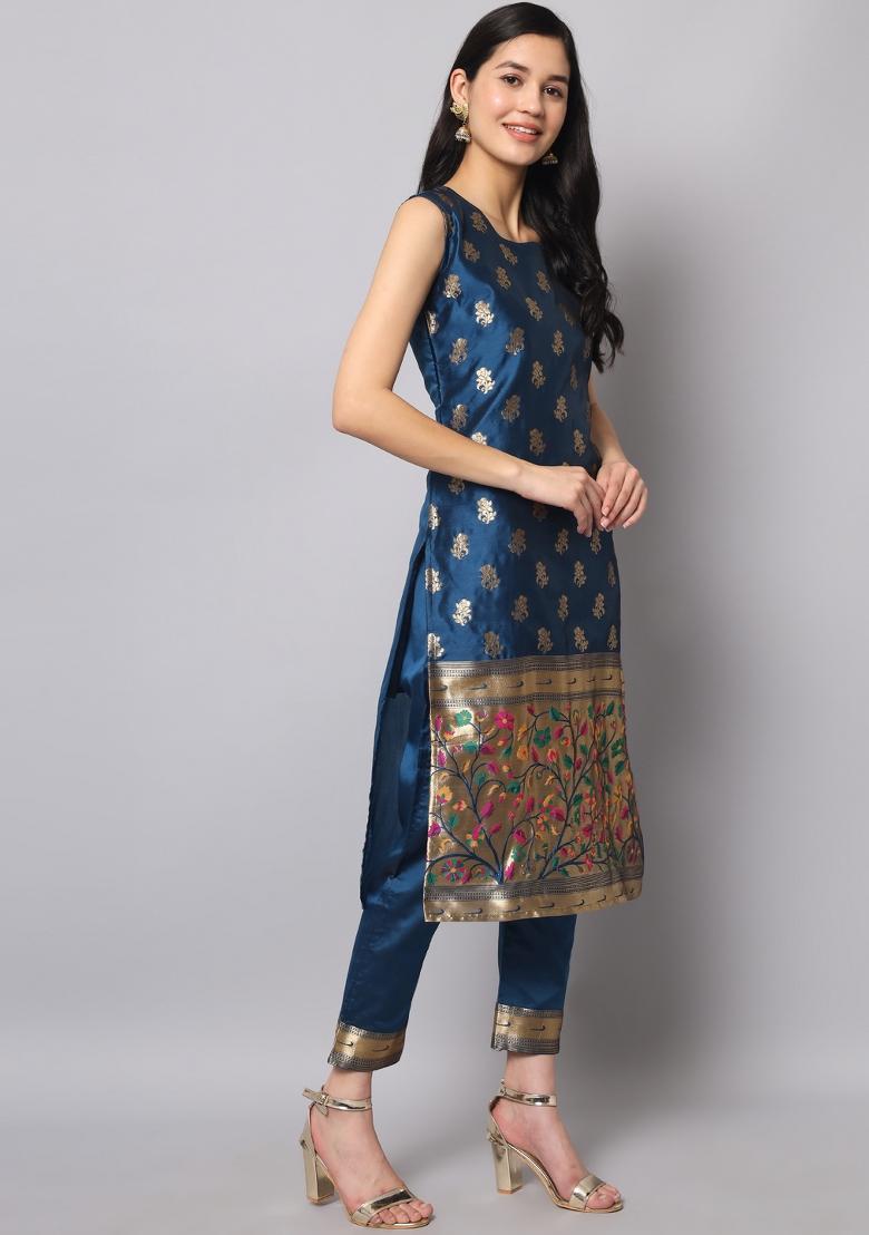 Blue Woven Cotton Blend Salwar Kameez With Dupatta