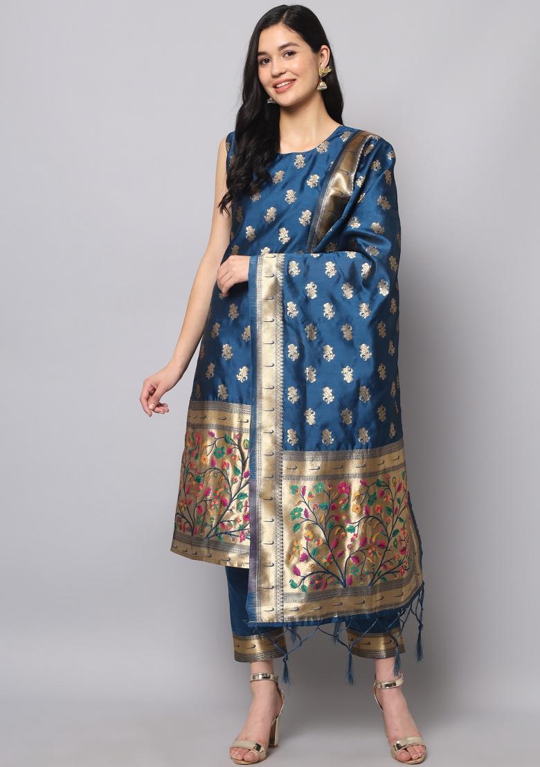 Blue Woven Cotton Blend Salwar Kameez With Dupatta