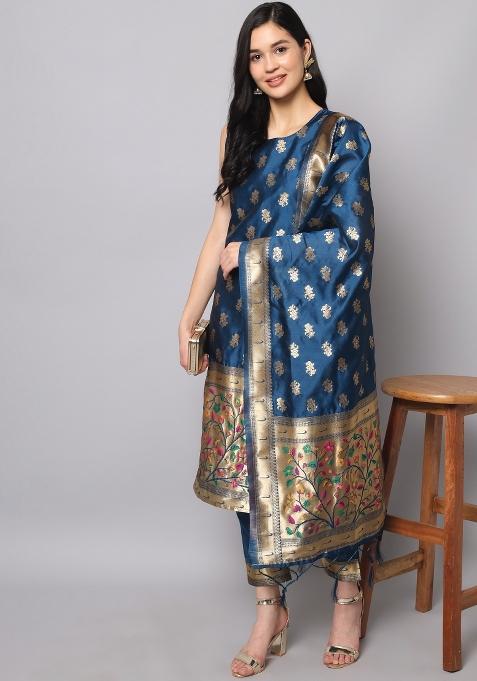 Blue Woven Cotton Blend Salwar Kameez With Dupatta