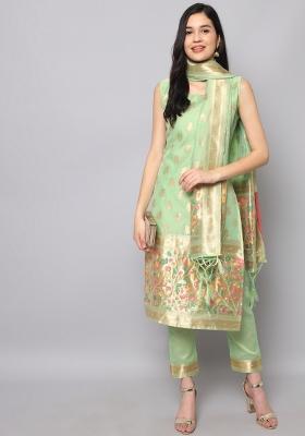 Pista Green Woven Cotton Blend Salwar Kameez With Dupatta