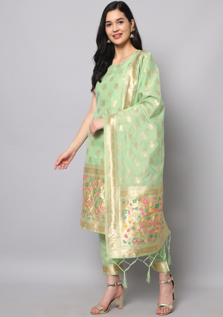 Pista Green Woven Cotton Blend Salwar Kameez With Dupatta