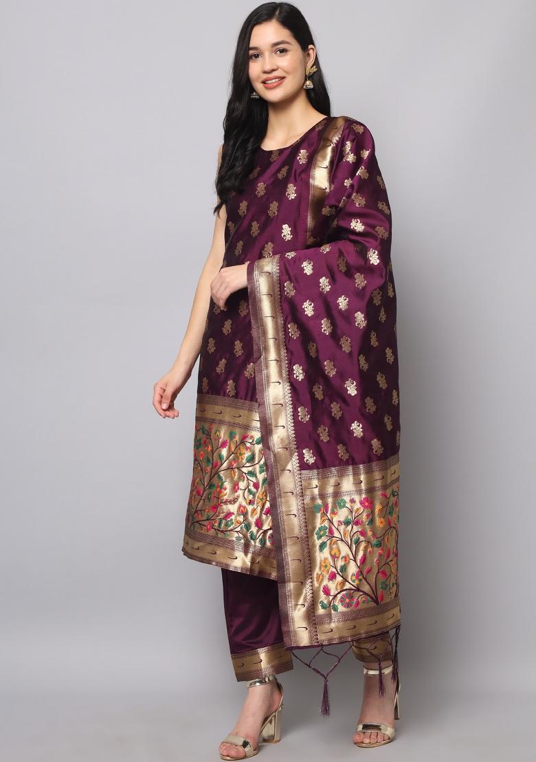 Purple Woven Cotton Blend Salwar Kameez With Dupatta