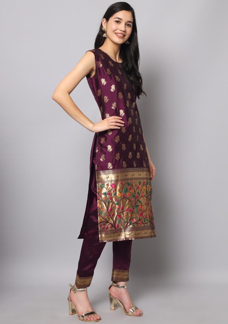 Purple Woven Cotton Blend Salwar Kameez With Dupatta