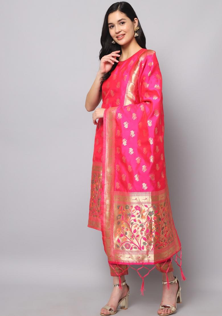 Rani Pink Woven Cotton Blend Salwar Kameez With Dupatta