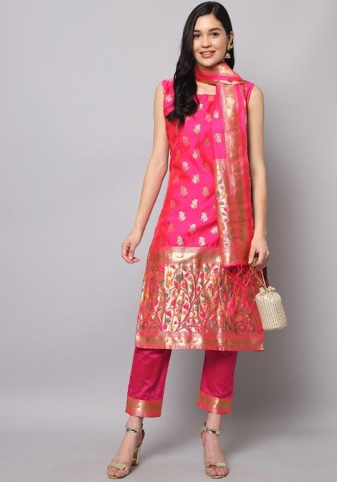 Rani Pink Woven Cotton Blend Salwar Kameez With Dupatta