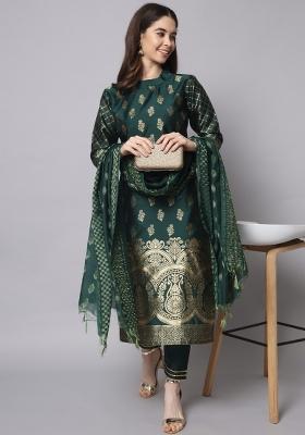 Green Woven Cotton Blend Salwar Kameez With Dupatta