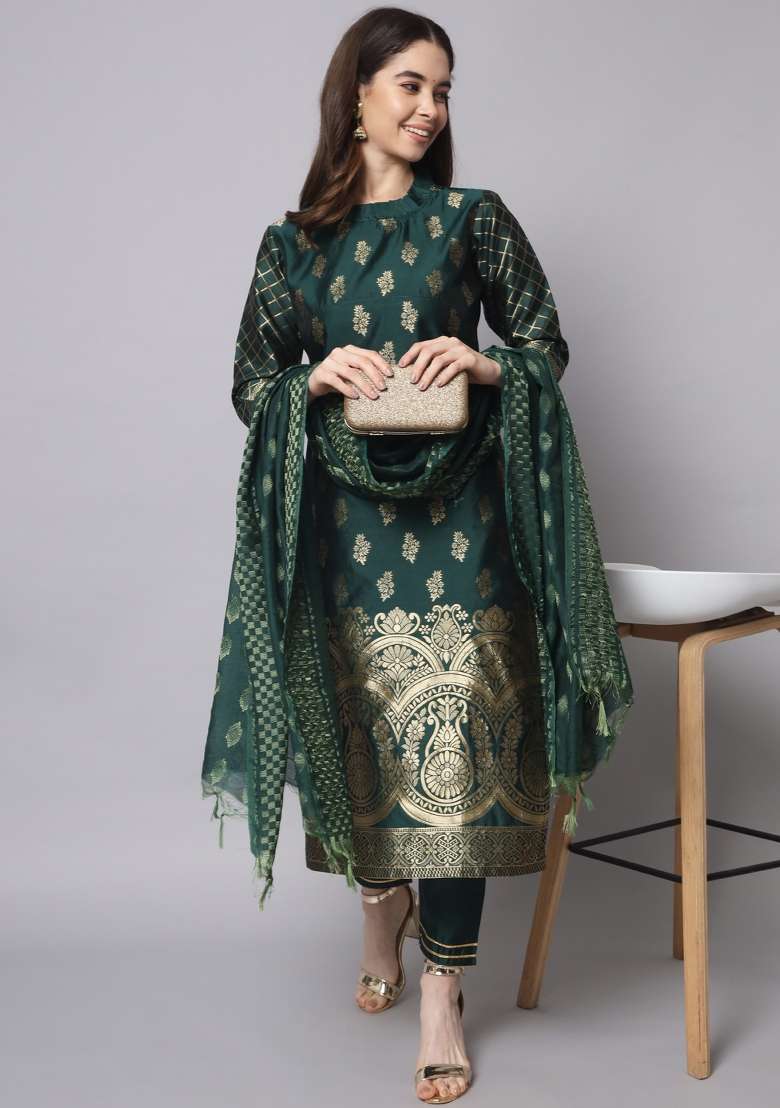 Green Jacquard Blended Straight Kurta Set - Indya