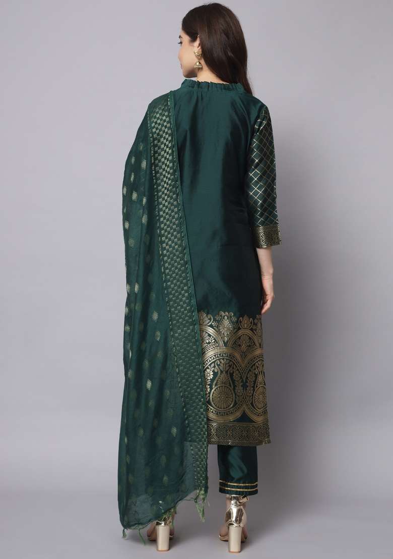 Green Jacquard Blended Straight Kurta Set - Indya