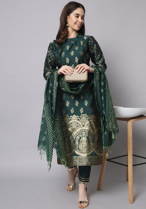 Green Woven Cotton Blend Salwar Kameez With Dupatta